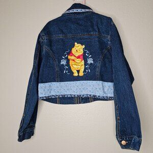 Y2K Vintage Disney Kids Girls Large Denim Jacket Winnie The Pooh Floral Trim